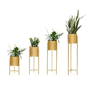 Weston Crafts Modern Metal Floor Flower Stands for Living Room Bedroom Display Plant Stand Tall Indoor Plant Stand with Planter Pot -Set of 4 (Gold)