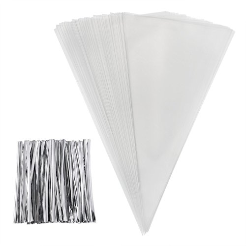 Outus 100 Mittelgroß Klare Cone Cello Taschen Geschenkchen Süßigkeitentüten und 100 Silber Twist Ties, 11,8 x 6,3 Zoll