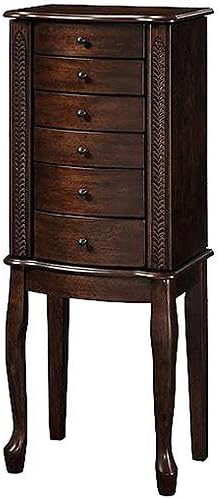 Classic Wooden Jewelry Armoire with Lift Out Jewelry Box, Warm Walnut Brown Finish. Made of Real Wood with Beautiful Detailed Carvings. Includes a Removable Ring Box and Flip Top Mirror. An Elegant Yet Sturdy Piece of Furniture That Has Been Built to Last. by Jewelry Armoire