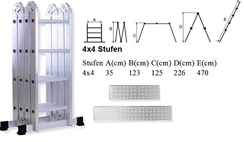 Masko® 6in1 Mehrzweckleiter 4.70M ALU Anlegeleiter Klappleiter Stehleiter Aluminium Modell: 4 x 4 Stufen mit Plattform - 8