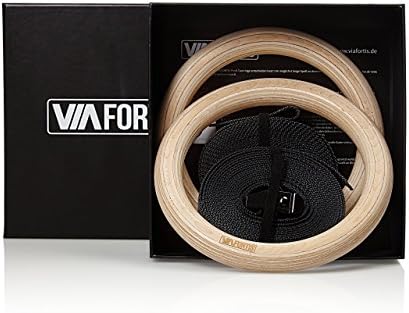 Via Fortis Premium Wooden Gymnastics Rings with Bag – Gym Rings for CALIST Henics & Crossfit – Extra Wide Belt with Markings – Competition Design