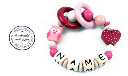 Premium Greifling mit Namen HOLZ Rassel Modell Eule Herz - 3