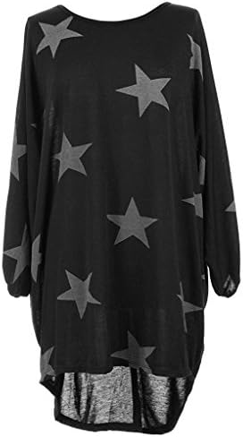 Women Ladies Star Printed Batwing Low Back Plain Baggy Tunic Top Dress