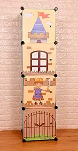 THE LITTLE LOOKERS? Collapsible Kids Clothing Wardrobe |Cute Prince & Castle Print/Portable Waterproof Multipurpose Storage Rack/Adjustable Almirah for Babies/Girls/Boys (Blue Castle, 4 Cube)
