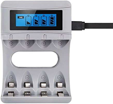 Tycipy Battery 4-Bay USB Charger for Ni-MH Ni-CD AA AAA Rechargeable Batteries with LCD Display -Grey