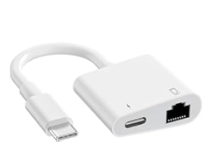 CREHAO USB C to Ethernet Adapter, 2 in 1 RJ45 Ethernet LAN Network Adapter with USB Type C Charge Port, Compatible with iPhone 16/15/Tablet/Laptop and USB C Devices, Plug and Play
