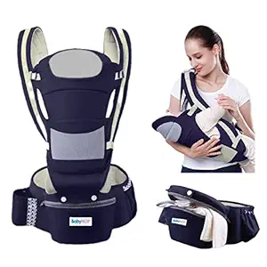 BABYHOP Baby Carrier with Adjustable Hip Seat (Navy Blue) for Toddler, Kids (6 Months - 3 Year) | Carry Bag, Comfortable Cotton Straps, Safety Buckle, Harness Belt