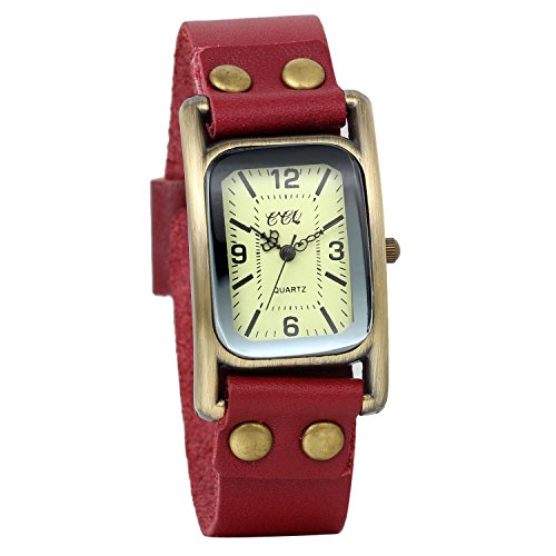 JewelryWe Damen Herren Vintage Casual Armbanduhr, Retro Leder Band Quarz Analog Uhr mit Digital Zifferblatt, Rot JewelryWe Damen Herren Vintage Casual Armbanduhr, Retro Leder Band Quarz Analog Uhr mit Digital Zifferblatt, Rot