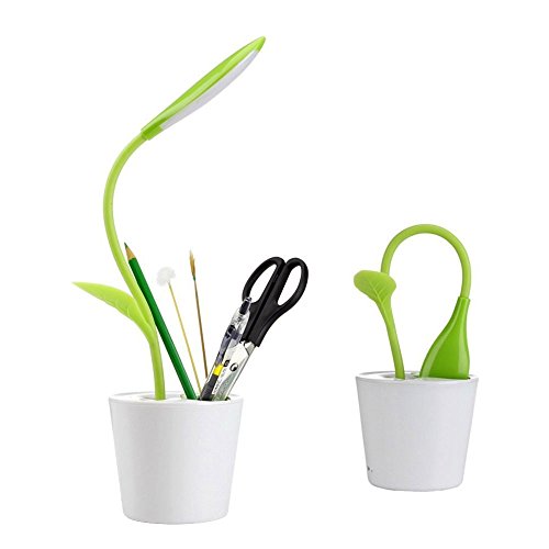 KOBWA Flexible Hals USB Touch Led Lampe mit Lampe Dreistufige Dimmer und Dekor Pflanze Bleistifthalter (Grüne)
