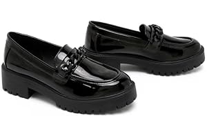 Gizelle Girls School Shoes - Comfortable Anti-Slip Back to School Uniform Black Patent Loafers Shoes with Chain Detailing 3-8UK