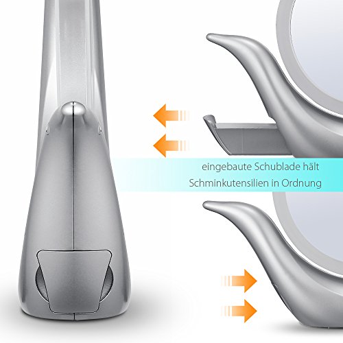 Jerrybox LED Beleuchteter Schminkspiegel, Zweiseitiger Kosmetikspiegel mit 1× / 7× Vergrößerung, Makeup Spiegel mit Beleuchtung, 360 Grad Drehbare Spiegel mit Eingebauter Schublade, Einstellbar und Dimmbar Tischspiegel, Silber - 5