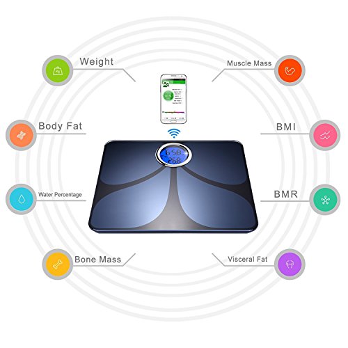 MOSISO Bluetooth Wi-Fi digitale Personenwaage aus Sicherheitsglas mit Edelstahloberfl?che.K?rperwaage Gewichtswaage für körperliche Untersuchung automatisch ein/ausmachen, mit Gratis-App für iOS und Android Slim Design Farbe:Blau - 4