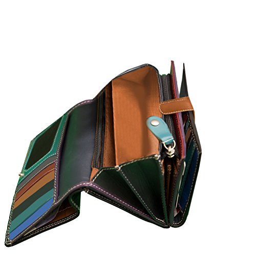 Ladies Luxury High Quality Soft Black (Multi Coloured Inside) Real Nappa Leather RFID blocking Long Multi Fall Purse Multi Credit Card Wallet with 2 Inner Zip Compartments