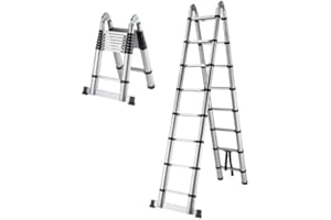 HER PRO Escalera Plegable de Aluminio telescopica Extensible multifuncion de Aluminio de 8 + 8 peldaños, hasta 5 Metros, Carga Maxima 150 kgs. (8X8 PELDAÑOS 5 Metros)