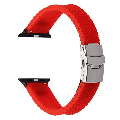 TRUMiRR 38mm Apple Watch Band, Silicone Rubber Strap with Safety Buckle and Quick Release Adapters for iWatch Series 1 & 2, Series 3 (No More Screws)