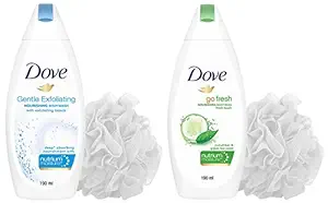 Dove Gentle Exfoliating Nourishing Body Wash, 190 ml with (Free Loofah) & Dove Go Fresh Nourishing Body Wash 190 ml with Free Loofah