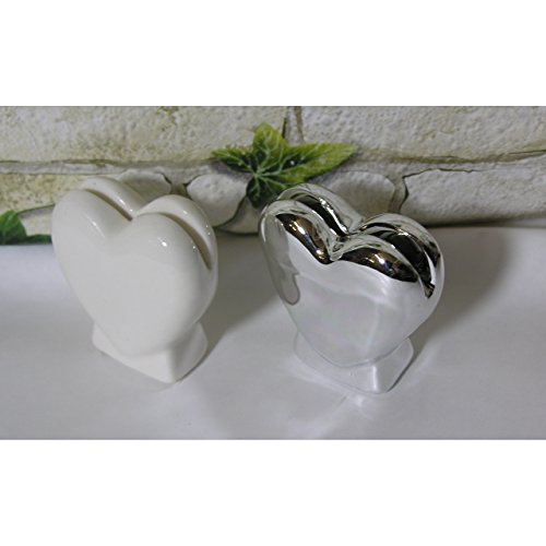 6 Tisch Kartenhalter Herz aus Keramik weiss oder silber Hochzeit Brautpaar Deko Weiss - 4
