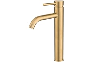 VALAZ Grifo Lavabo Dorado Cepillado Protección PVD, Alto Pica | Grifo Monomando Lavabo, Mezclador Agua Fría y Caliente, Ahorro de Agua | Instalación Facil y Rápida | Latón, Inoxidable, Serie Jabalon