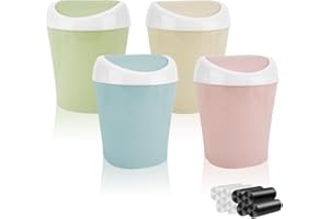 QLFJ-FURDEC 4 Stücke Mülleimer Klein mit Deckel, Mini Tischmülleimer mit Schwingdeckel und 8 Rollen Müllsäcke, Bunte Mini Mülleimer Tisch Kosmetikeimer 10*12*17cm, Tischabfalleimer für Bad, Büro (4 Stücke)