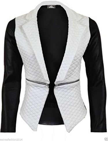 Women Ladies Quilted PU Leather Look Long Sleeve Zip Waterfall Blazer Jacket Top