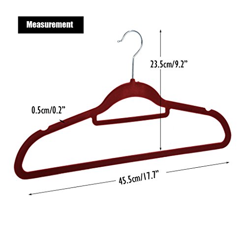 Homdox 50-er Set Beflockte Kleiderbügel Anzugbügel Garderobenbügel Mantel Hosen Bügel Aufhänger mit rutschfester Oberfläche superdünn 0,5 cm dick Weinrot - 3