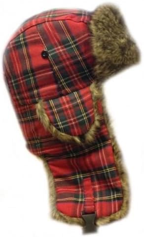 NEW WINTER WARM FAUX FUR TARTAN TRADITIONS SCOTTISH RED TRAPPER HAT