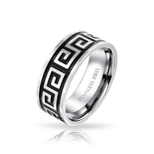 Bling Jewelry Clave Griega Geométrica Plana Negra Anillo De Bodas para Hombres Y para Mujer En Tono Plateado Negro De 8 Mm Acero