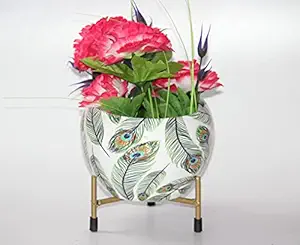Elegant Crafts India Indoor Plant Pot or Table Planter with Rust Free Metal Stand for Indoor and Outdoor Gardening Plants Pack of 1 Width X Height 06X06 Inches (White Floral Feathers Designs)