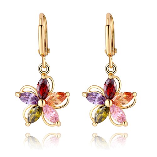 ZUMUii Orecchini da donna, placcati oro, con ciondolo, zirconia, motivo floreale, con cristalli colorati