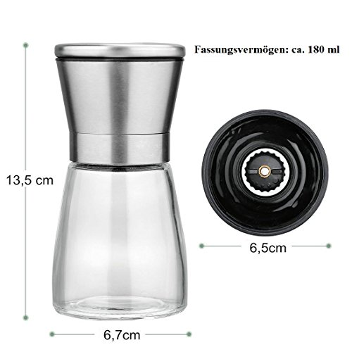 Laaks® Premium Salzmühle / Pfeffermühle im Set. Gewürzmühle aus Edelstahl und echtem Glas in edlem Design mit einstellbarem Keramikmahlwerk für Gewürze, Meersalz, Chili. Kräutermühle Streuer - 2