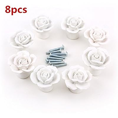 FABSELLER Lot de 8 boutons de fleurs vintage Rose Fleur en céramique Tirette de poignée de porte pour armoire tiroir Porte Placard Armoire Casier Armoire blanc