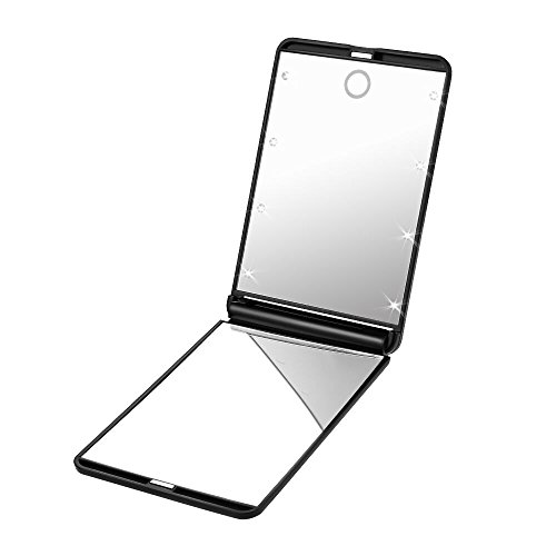 Plemo Dimmable LED Makeup Mirror, with 1× & 2 × Magnification Illuminated 8 LEDs Lighted Mirrors, Black, CR2025 Lithium Batteries Included