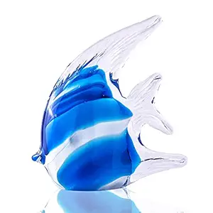 Hand Blown Glass Tropical Fish Figurines Collectibles Ornament, Glass Angelfish Sea Animal Sculpture for Fish Tank Aquarium Decor (Blue)