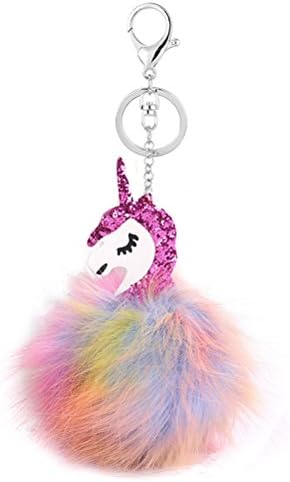 WANTING Soft Pom Pom Fluffy Unicorn Key Chain Bag/Cell phone/Keys Hanging Pendant Decorations Pop Keyring (Rose red)