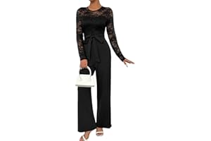 shownicer Combinaison Femmes Manches Longues Dentelle Barboteuse Jumpsuit Élégant Long Pantalon Cocktail Soirée Couleur Unie Romper avec Ceinture