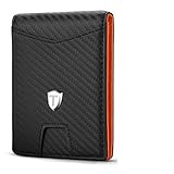 Portefeuille Homme Cuir Véritable avec Pince à Billets & Poche Monnaie Zippée (Extérieur) & Protection RFID & Porte-Cartes de Crédit, TEEHON Porte Monnaie Fibre de Carbone Boîte Cadeau -Noir Orange