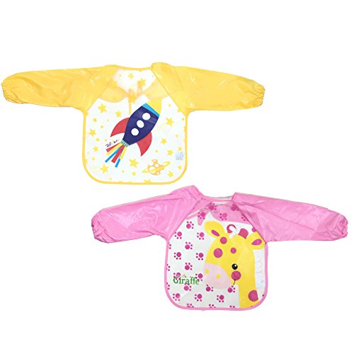 2Pcs Malkittel Baby PVC Wasserdicht Langarm Tyidalin Baby Bibs Lätzchen Malschürze Bastelschürze Cartoon Drucken lang mit Ärmeln Unisex für Kinder Mädchen Jungen, Rakete+Giraffe