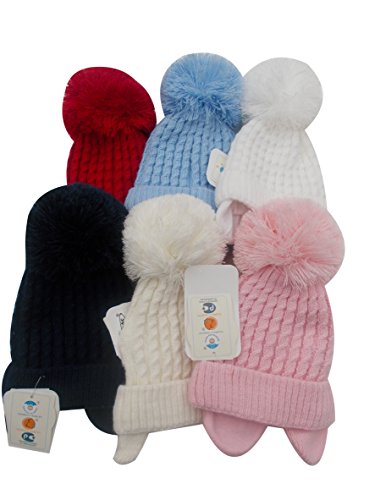 BNWT baby warm winter cable knit bobble hat in blue red white navy beige pink (3-6 months, Pink)