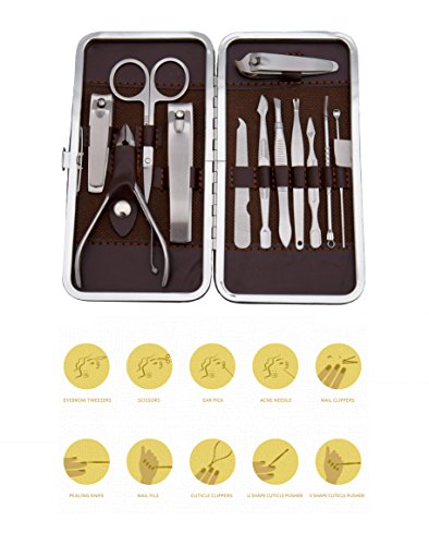 Professionelles Tragbares Maniküre Set. Von AsaVea für Männer/Frauen mit Edelstahlequipment, 12 Stück, inclusive 3 verschiedene Nagelknipser, Nagelschere, Augenbrauen Pinzette, Nagelhaututensilien, sowie Ohrenpflücker. Auch nutzbar für Pediküre. - 5