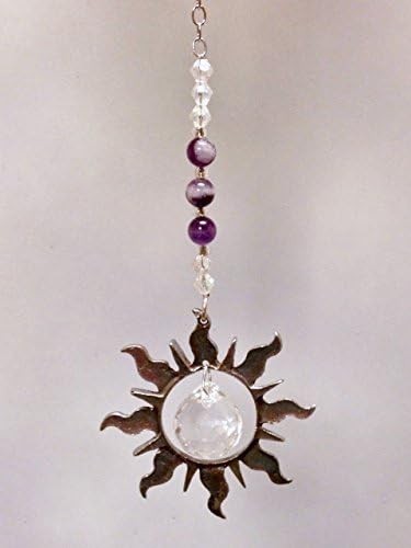 Rear View Mirror Amethyst Gemstone Crystal Car Charm Sun Catchers, Pewter Sun Window Sun Catcher with Amethyst Gemstones, Window Ornament,Crystal Ball Prism Suncatcher,Feng Shui Rainbow Maker