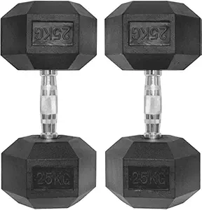 Body Maxx Hex Dumbbells 25 kg Pair, Rubber Dumbbell Set 25kg, Black Rubber Coated Dumbbells with Steel Grip Home Gym Fitness