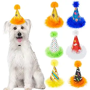 6 Pack Dog Party Hat Set - Cute Pet Cone Hats with Pompon for Dogs Cats Birthday Parties, Adjustable Colorful Caps Amazing Doggie Party Supplies Accessories