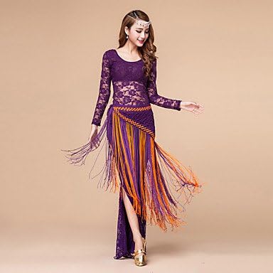 WUDAOFU Belly Dance Outfits Women's Training Polyester Lace Lace 3 Pieces Long Sleeve Natural Pants Top Hip Scarf M: 96 L: 97 , l