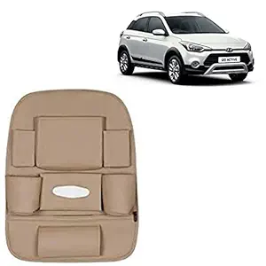 RD Universal PU Leather Car Auto Seat Back Organizer Multi Pocket Travel Storage Bag with Hangers, Tissue Paper and Bottle Holder-Beige Colour Compatible for Hyundai i10 Active