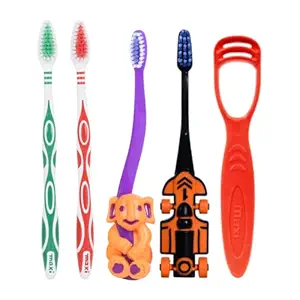 MAXI Oral Care Family Pack of 6-1 Zoom Car Junior Toothbrush & 1 Bingo Junior Toothbrush & (2 Adults) Oval Grip 1000 Toothbrush & (2 TC) 1 Number Tongue Cleaner