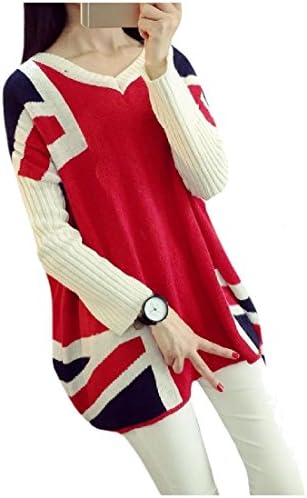 Aprilley Women British Flag V Neck Long-Sleeve Relaxed Knitted Shirt -  - 