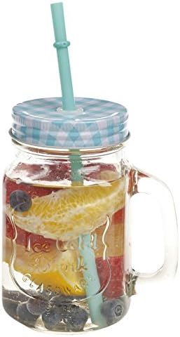 EGT 500ml Glass Drinking Cup With Handle & Straw Glasses Mason Jar Colour Lids Retro