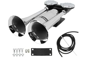 FOCKETY Air Horn for Truck, 12V/24V 300dB Dual Trumpet Super Loud Train Horn Kit, Chrome Zinc Car Horn for Any 12V/24V Vehicles, Trucks, Cars, Boats, SUVs, Lorrys, Trains, Motorcycles