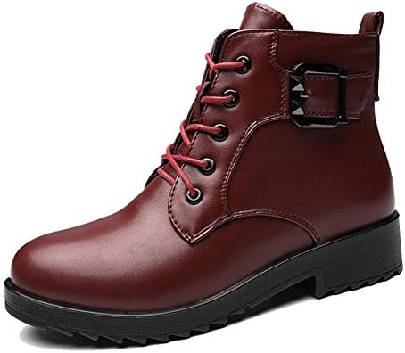 Female Short Martin Boots Leather Low Flat Heel Buckle Warm Casual Shoelace Thicker Plush Ankle Shoes . Red . 39