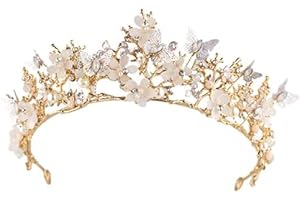 LEEMASING Butterfly Crystals Pearl Wedding Bridal Crown Tiara Bride Hair Accessory For Wedding Birthday Party, Pearl